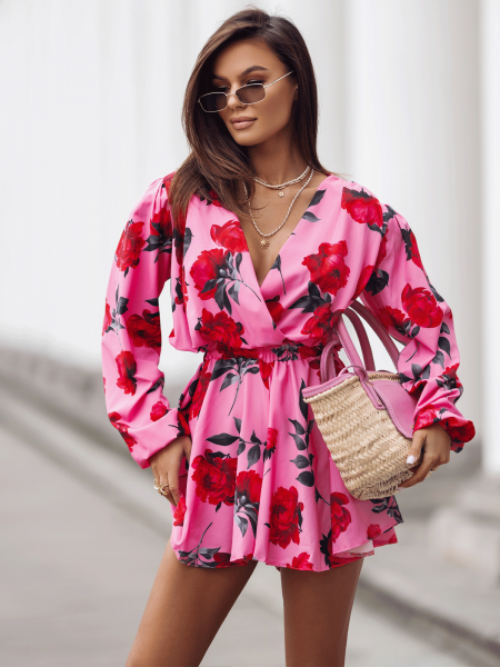 Krótki kombinezon z przekładanym dekoltem w print MARIE - wzór 1