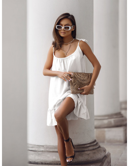 Lniana trapezowa sukienka na ramiączkach MELEA - biała