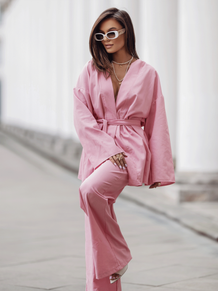 Stylowy lniany komplet z szerokimi spodniami NIKOL - brudny róż 2