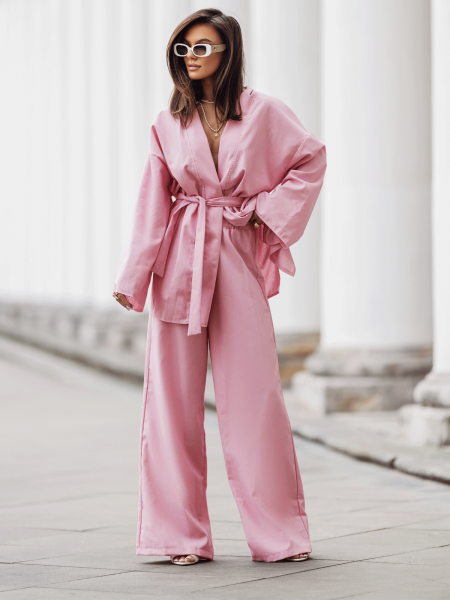 Stylowy lniany komplet z szerokimi spodniami NIKOL - brudny róż