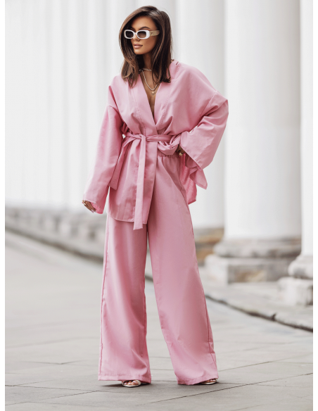 Stylowy lniany komplet z szerokimi spodniami NIKOL - brudny róż