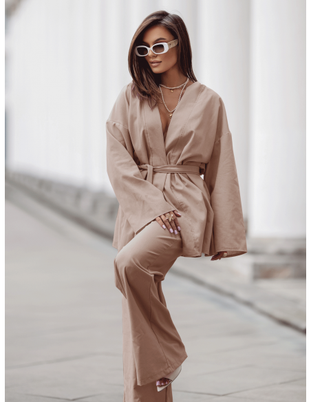 Stylowy lniany komplet z szerokimi spodniami NIKOL - cappuccino