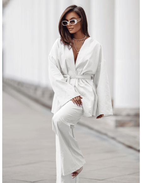 Stylowy lniany komplet z szerokimi spodniami NIKOL - biały