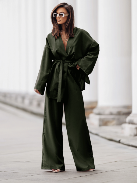 Stylowy lniany komplet z szerokimi spodniami NIKOL - khaki 2