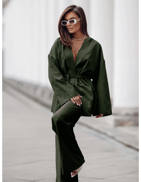 Stylowy lniany komplet z szerokimi spodniami NIKOL - khaki