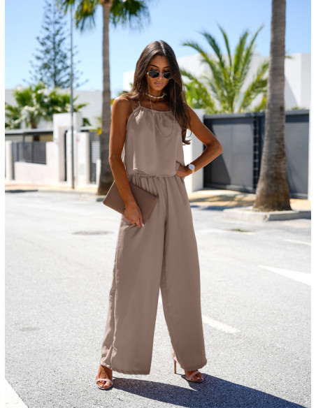 Modny komplet top i szerokie spodnie LEONI - mocha mousse