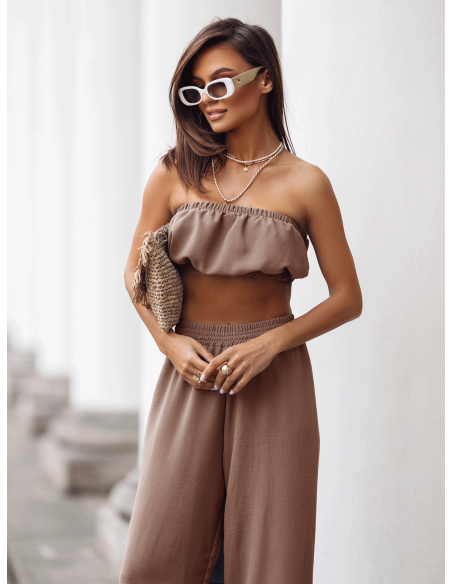Stylowy komplet top z szerokimi spodniami MATILDE - mocha mousse