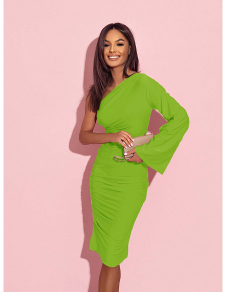 Dopasowana sukienka na jedno ramię EZALI - limonkowa