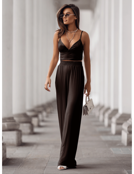 Wiskozowy komplet z szerokimi spodniami ASTORIA - czekoladowy