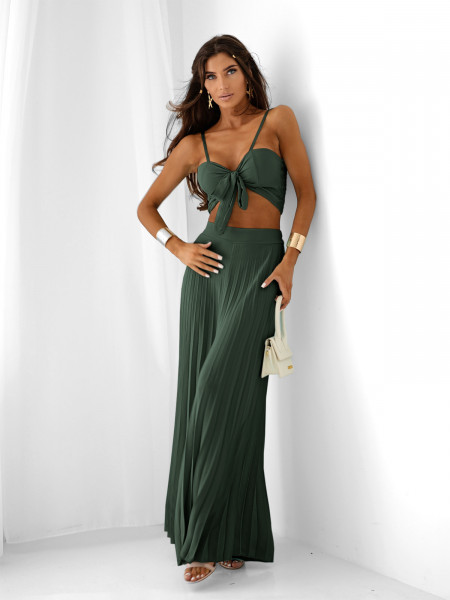 Komplet z wiskozy top i plisowane spodnie TORREL - butelkowa zieleń 2