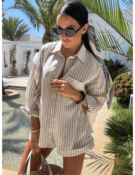 Lniany komplet koszula i spodenki w paski BRITLYN - beżowy