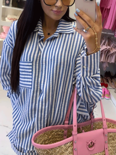 Lniany komplet koszula i spodenki w paski BRITLYN - niebieski