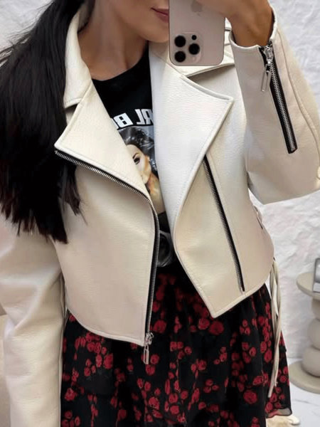 Krótka kurtka ramoneska z eko-skóry ASTRA - jasny beż