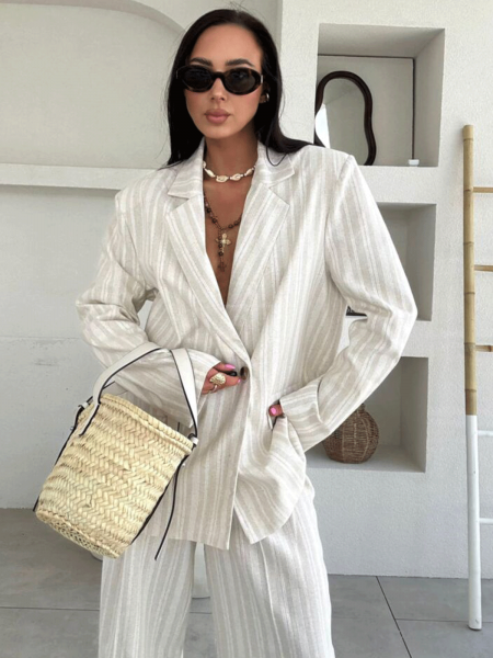 Długa lniana marynarka w pasy CAROLE - beżowa