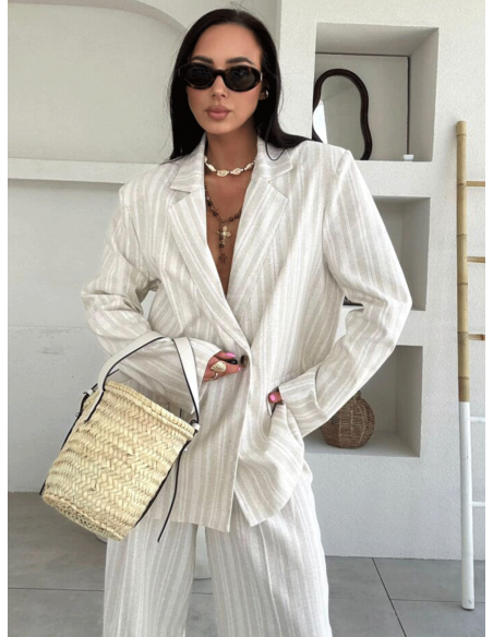 Długa lniana marynarka w pasy CAROLE - beżowa