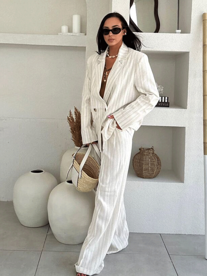 Eleganckie lniane spodnie z kantem CHELY - beżowe