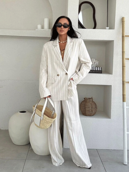 Eleganckie lniane spodnie z kantem CHELY - beżowe 2