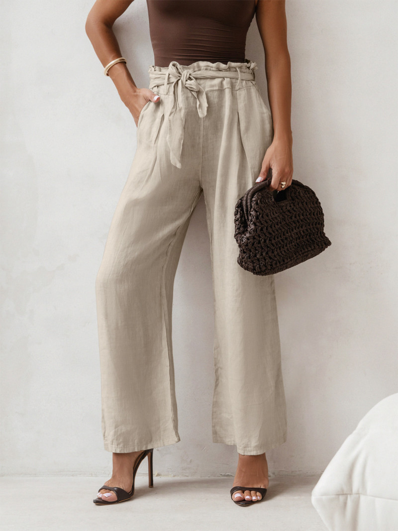 Stylowe lniane spodnie z paskiem...