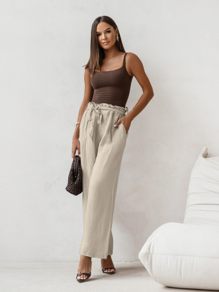 Stylowe lniane spodnie z paskiem ASKAR - beżowe