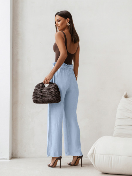 Stylowe lniane spodnie z paskiem ASKAR - błękitne