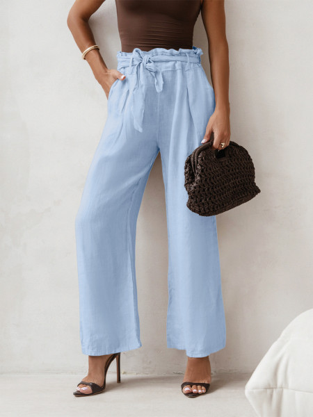 Stylowe lniane spodnie z paskiem ASKAR - błękitne 2