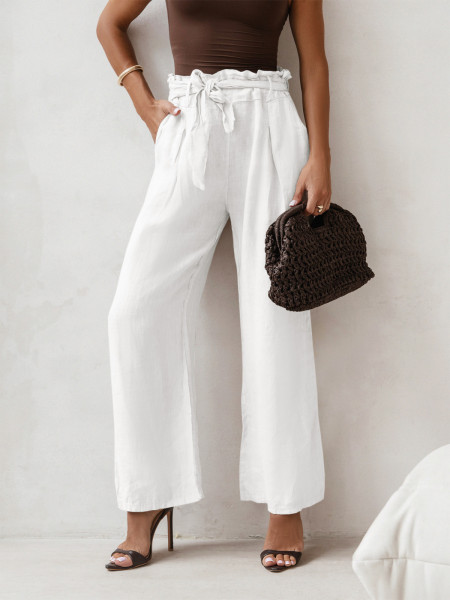 Stylowe lniane spodnie z paskiem ASKAR - białe