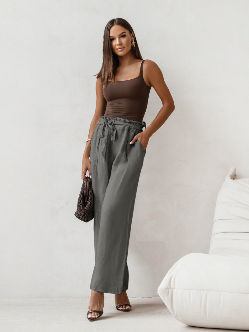 Stylowe lniane spodnie z paskiem ASKAR - grafitowe