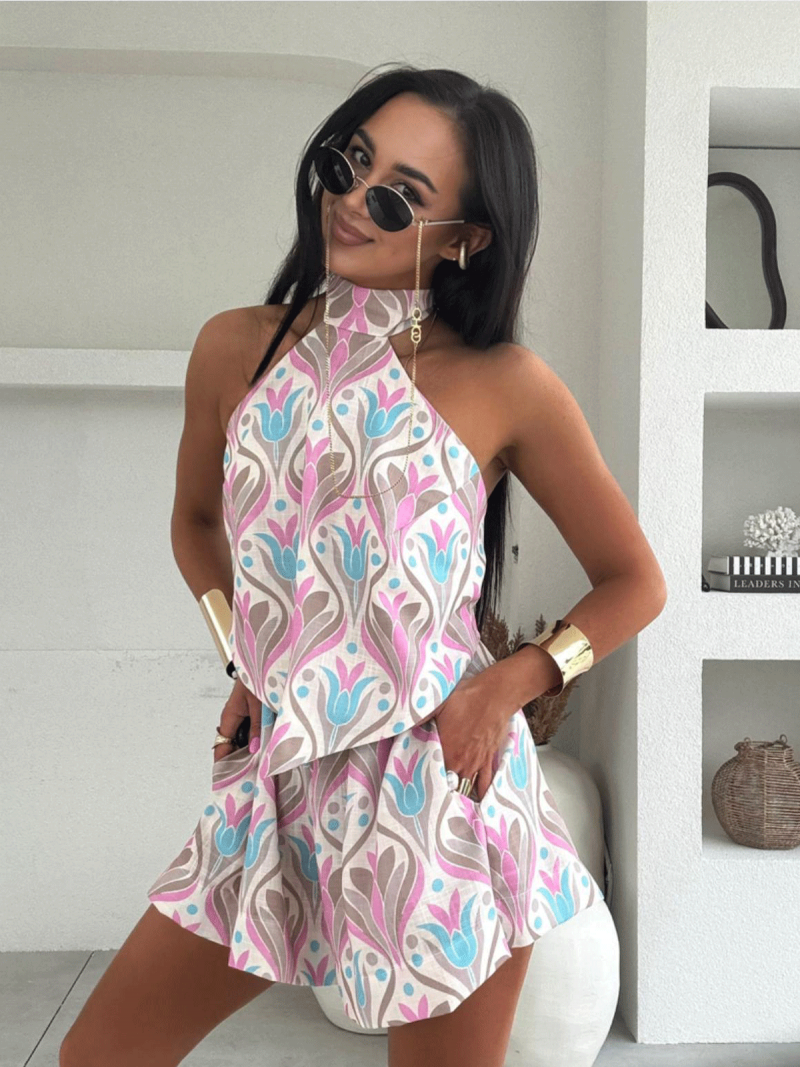 Lniany komplet top halter i szorty ANSLEE - wzór 1