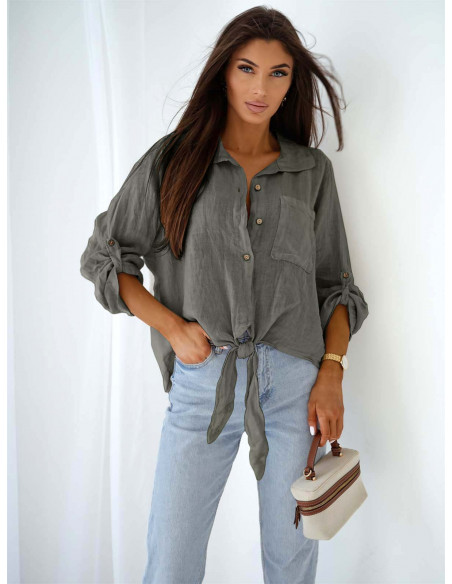 Lniana koszula oversize z wiązaniem DENI - grafitowa