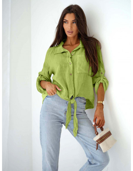 Lniana koszula oversize z wiązaniem DENI - limonkowa