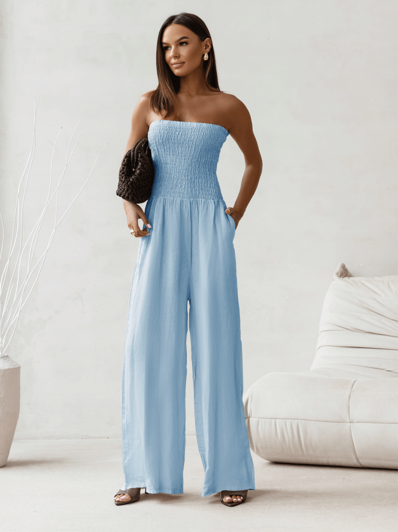 Lniany kombinezon z szerokimi nogawkami MALIA - błękitny