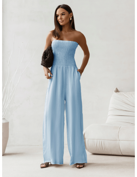 Lniany kombinezon z szerokimi nogawkami MALIA - błękitny