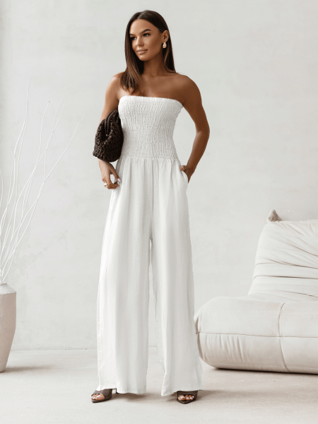 Lniany kombinezon z szerokimi nogawkami MALIA - biały