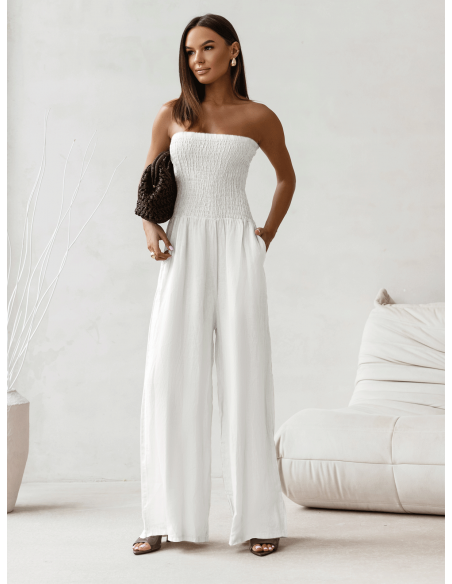 Lniany kombinezon z szerokimi nogawkami MALIA - biały