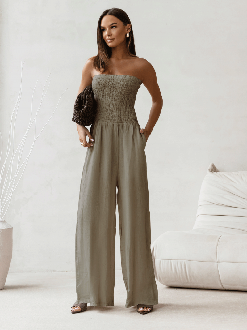 Lniany kombinezon z szerokimi nogawkami MALIA - khaki