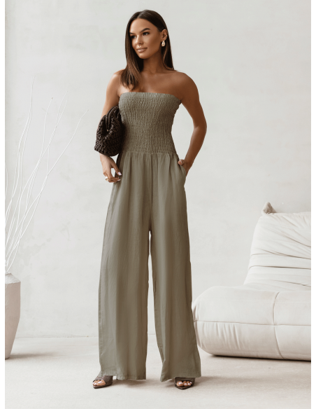 Lniany kombinezon z szerokimi nogawkami MALIA - khaki