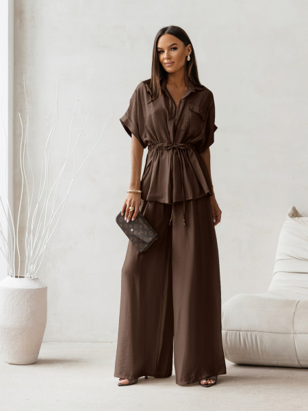 Wiskozowy komplet z szerokimi spodniami VELENA - czekoladowy 2