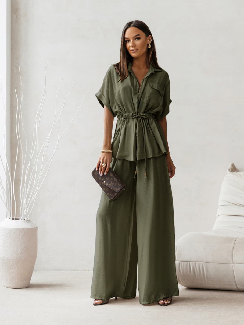 Wiskozowy komplet z szerokimi spodniami VELENA - khaki