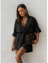 Krótki kombinezon z przekładanym dekoltem VILL - czarny