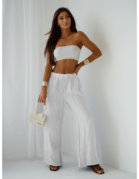 Stylowe lniane spodnie z szerokimi nogawkami ARIELLE - białe
