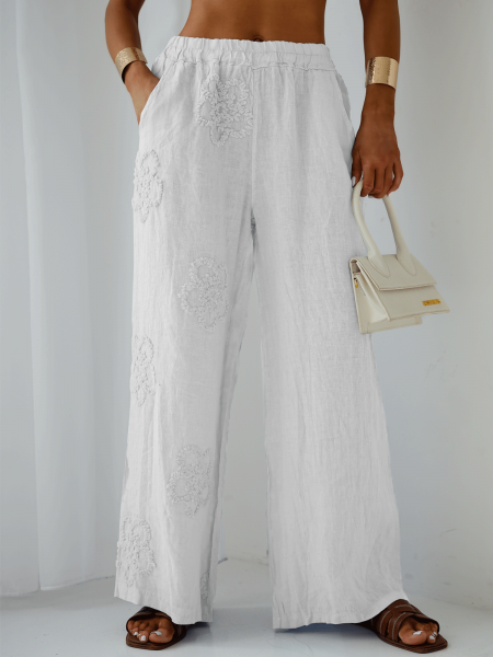Stylowe lniane spodnie z szerokimi nogawkami ARIELLE - białe 2