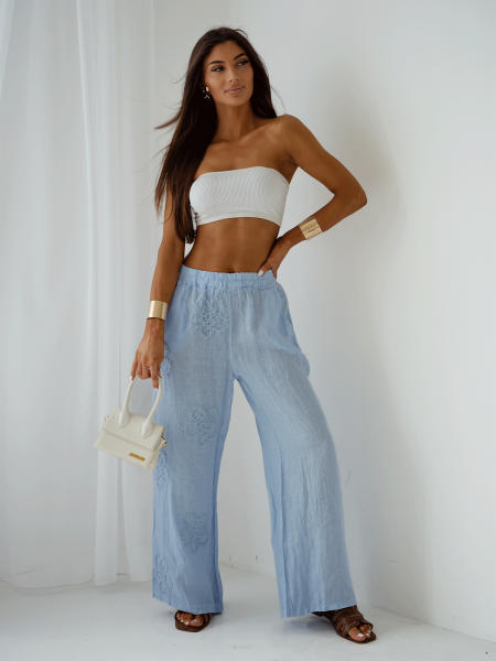 Stylowe lniane spodnie z szerokimi nogawkami ARIELLE - błękitne 2