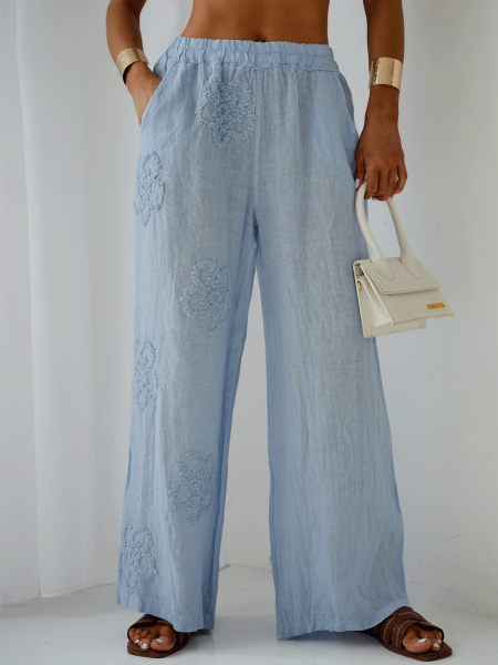 Stylowe lniane spodnie z szerokimi nogawkami ARIELLE - błękitne