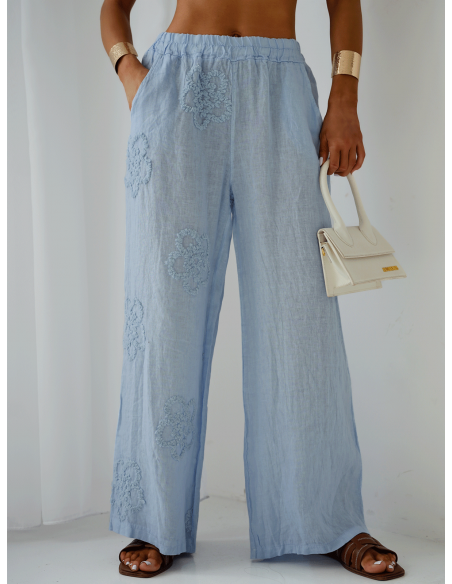 Stylowe lniane spodnie z szerokimi nogawkami ARIELLE - błękitne