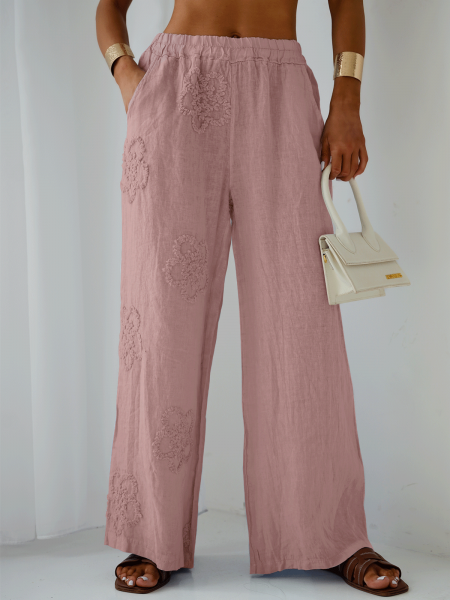 Stylowe lniane spodnie z szerokimi nogawkami ARIELLE - brudny róż 2