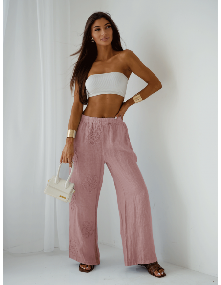 Stylowe lniane spodnie z szerokimi nogawkami ARIELLE - brudny róż