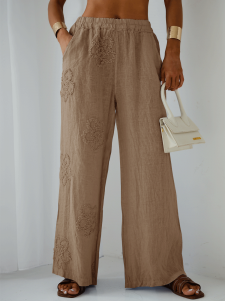 Stylowe lniane spodnie z szerokimi nogawkami ARIELLE - beżowe