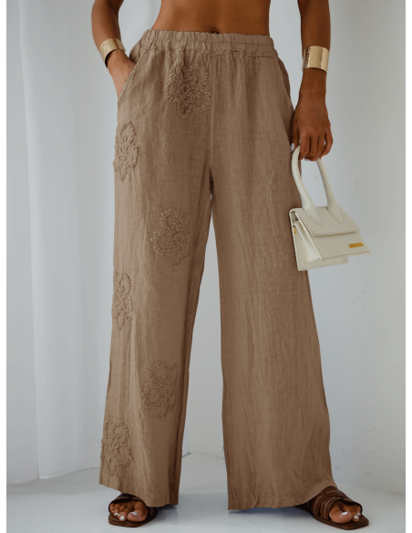 Stylowe lniane spodnie z szerokimi nogawkami ARIELLE - beżowe