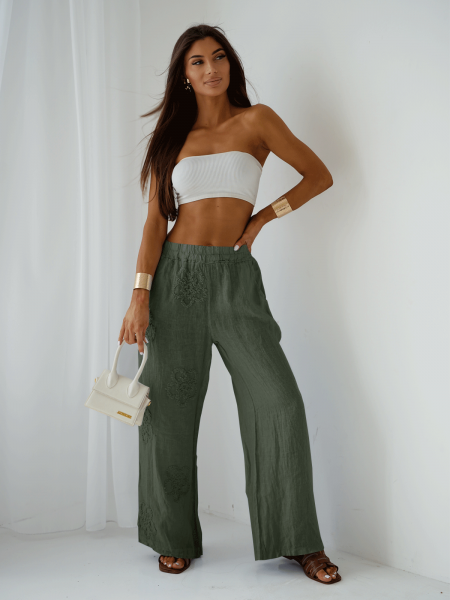 Stylowe lniane spodnie z szerokimi nogawkami ARIELLE - khaki