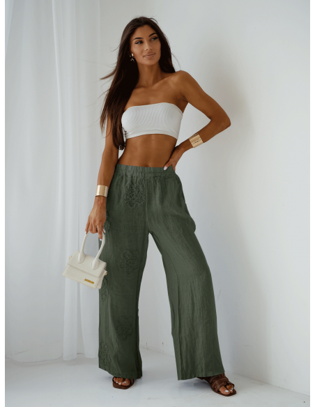 Stylowe lniane spodnie z szerokimi nogawkami ARIELLE - khaki